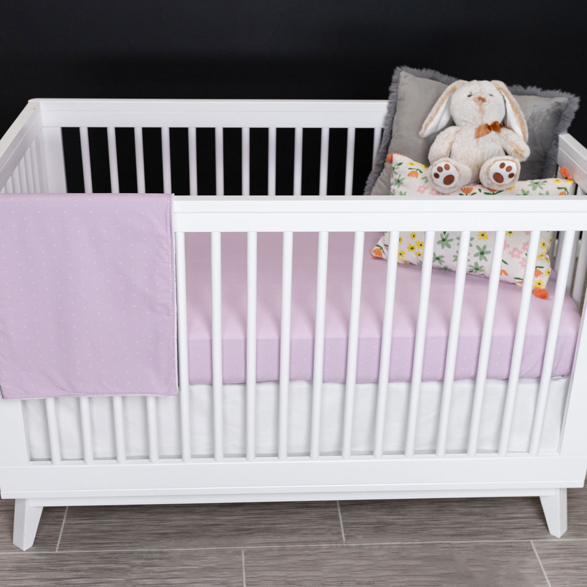 Lavender Hugs Classic Ivory X on Lavender Crib Bedding Set Olli+Lime